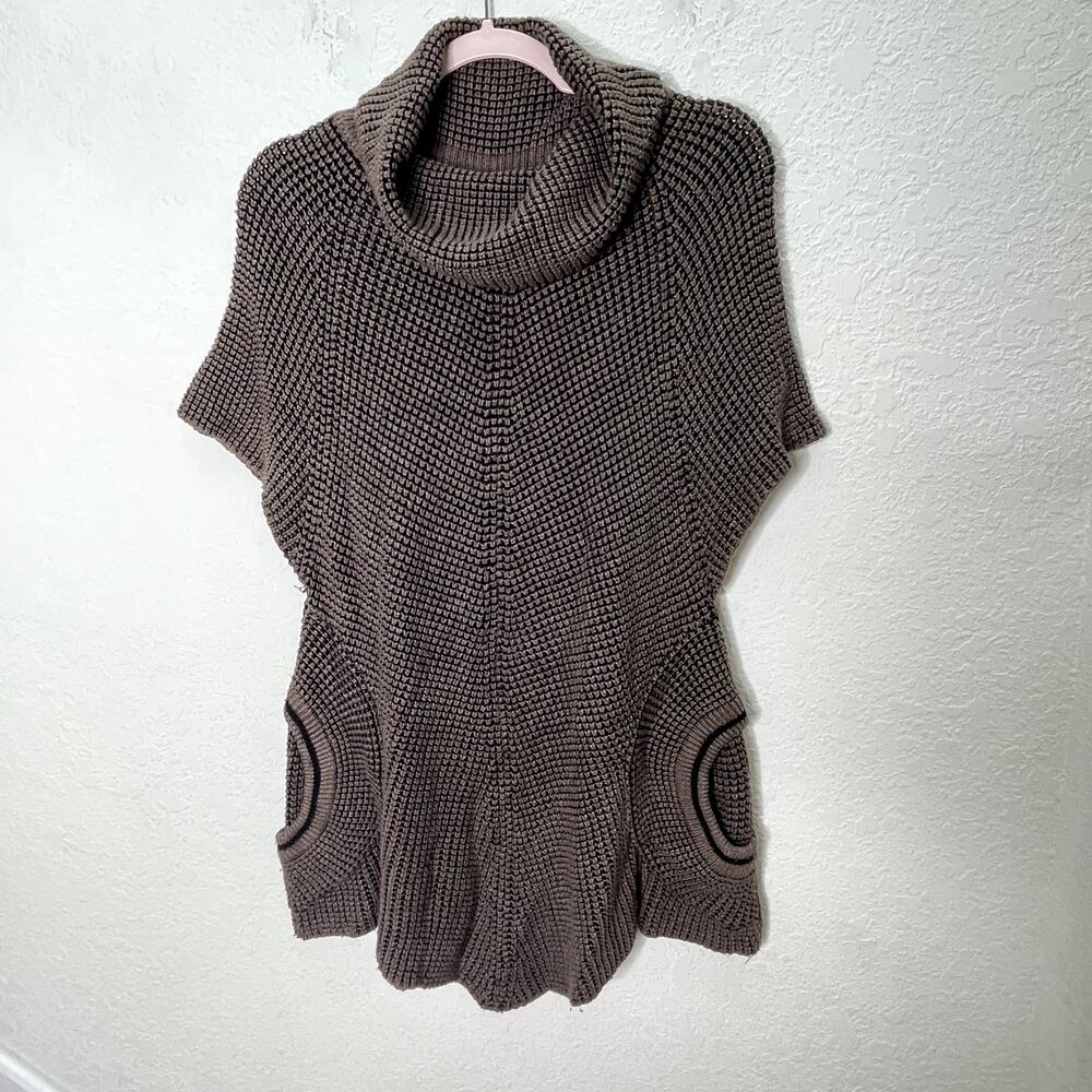 Womens Brown Cowl Neck Tunic S Sweater Textured Knit Short Sleeve Pockets Boho